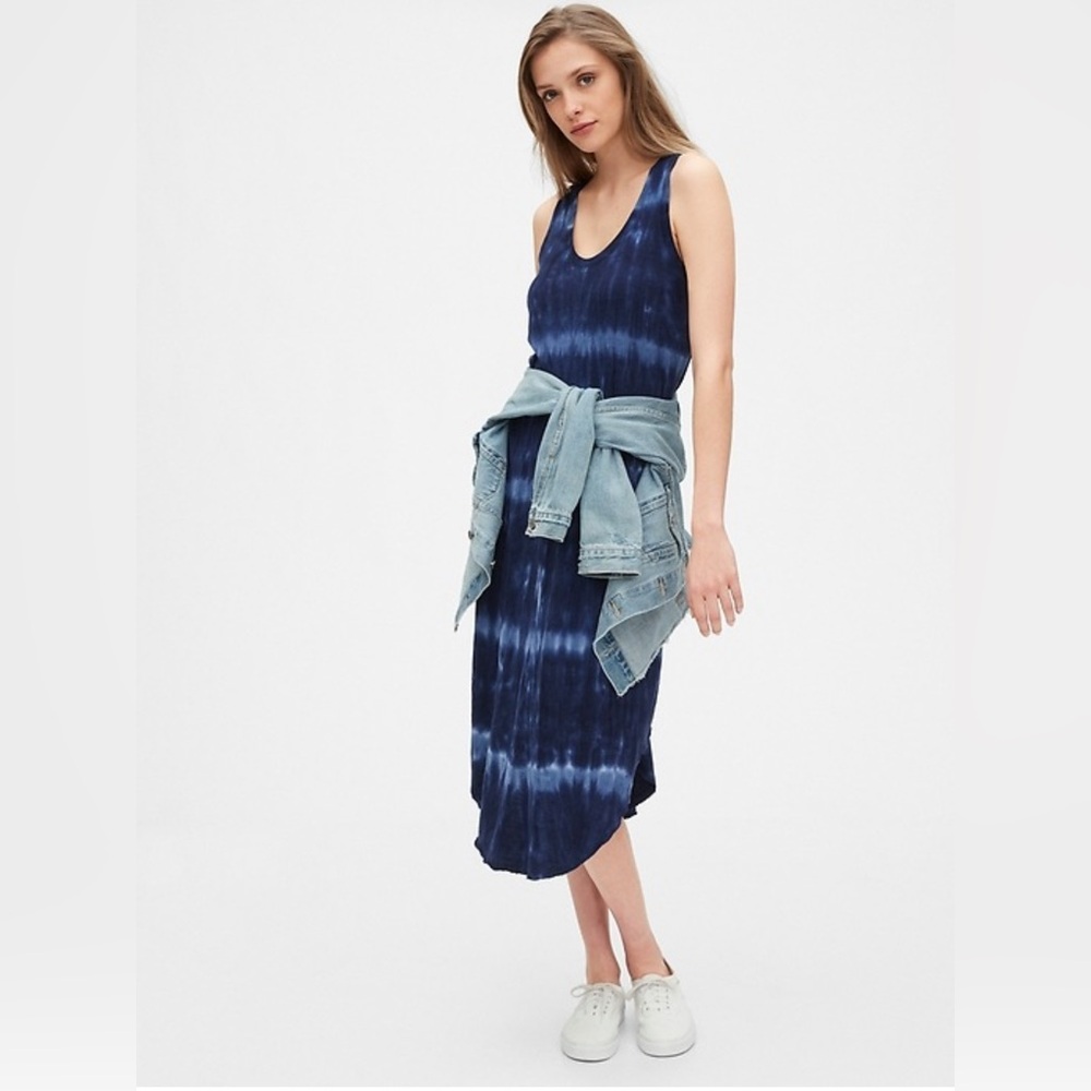 Stone & Sky Tie Dye Double V Midi Dress Blue Coastal Boho Chic